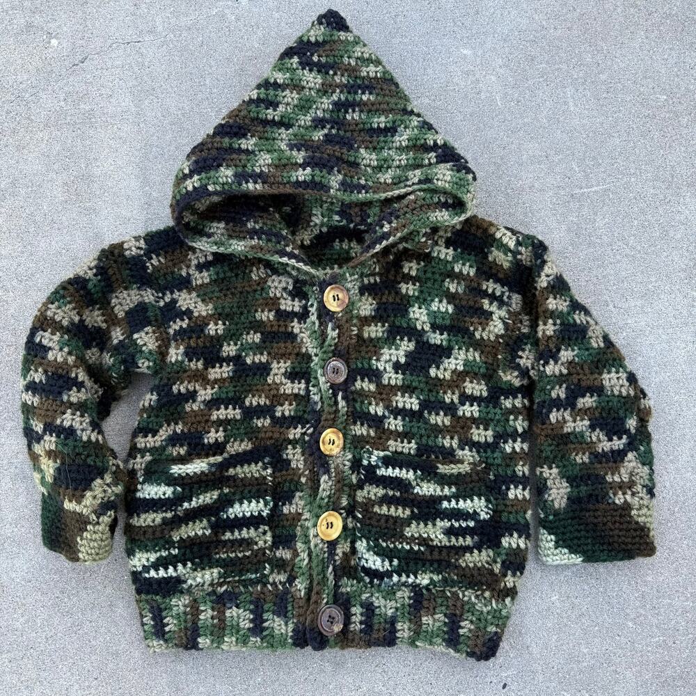 Unbranded‎ Camo Crochet Hoodie Card Y2K Kids 5T Green Camouflage Sweater Jacket